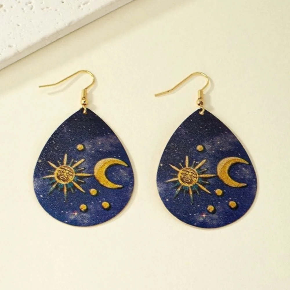 Womens Teardrop Sun Moon Blue Gold Tone‎ Earrings